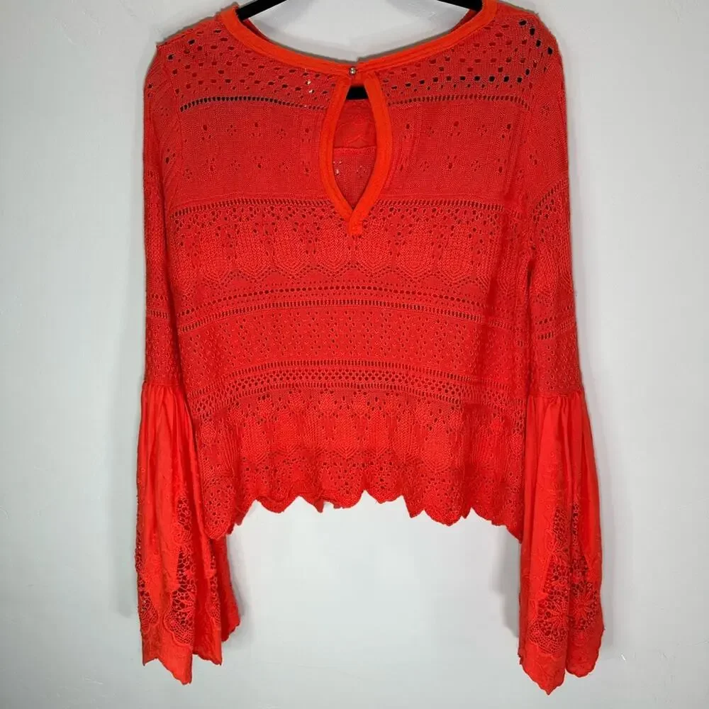 Free People Women’s Red Once Upon A Time Crochet Red Top with Bell Sleeve size S